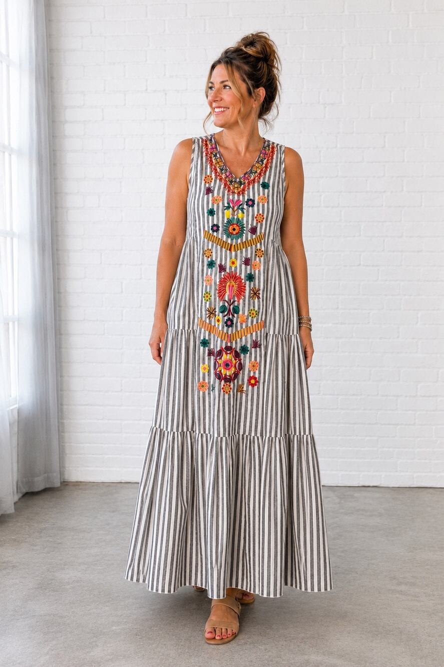 See and Be Seen Embroidered Striped Maxi Dress Small 100% Cotton Boho Tiered